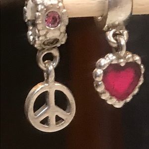 Pandora pink dangling heart and peace sign